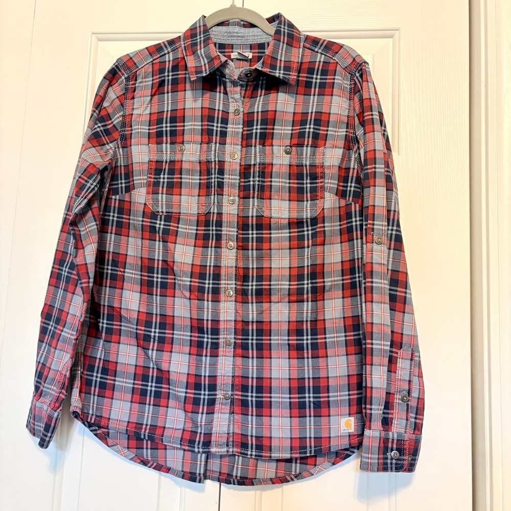 Carhartt Womens Red Navy Blue Plaid Cotton Long Sleeve Button Down Shirt S 4/6